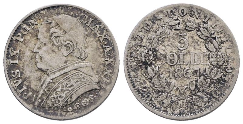 Stato Pontificio. Roma. Pio IX (1846-1870). 5 Soldi 1867 - Anno XXII. Ag; 1,25gr. Gig.314. Qspl