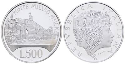 Repubblica Italiana. (emissioni in Lire) (1946-2001). 500 Lire 1991 Ponte Milvio. Ag. Proof. in A...