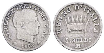 Milano. Regno D'italia. Napoleone i (1805-1814). 5 Soldi 1808. Gig. 187a; Ag; 1,25gr; 15mm. Rr. M...