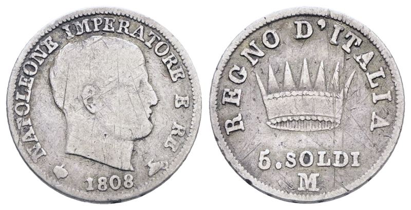 Milano. Regno D'italia. Napoleone i (1805-1814). 5 Soldi 1808. Gig. 187a; Ag; 1,25gr; 15mm. Rr. M...