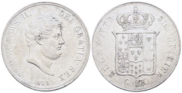 NAPOLI. REGNO DELLE DUE SICILIE. Ferdinando II di Borbone (1830-1859). Piastra da 120 grana 1855, variante con doppio orecchio punzonato al dritto. Ag; 27,52gr; Gig.86. BB+