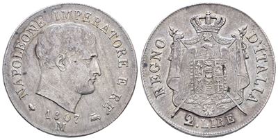 Milano. Regno D'italia. Napoleone i (1805-1814). 2 Lire 1807 "data con Cifre Spaziate". Ag; 10gr;...