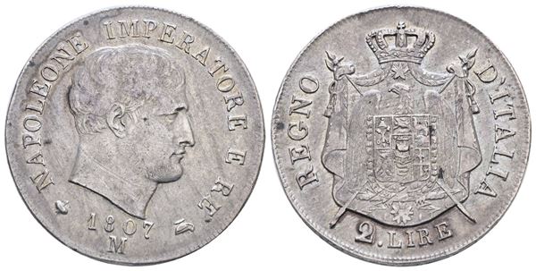 MILANO. REGNO D'ITALIA. Napoleone I (1805-1814). 2 lire 1807 "data con cifre spaziate". Ag; 10gr; Gig.125a; RR; BB/SPL