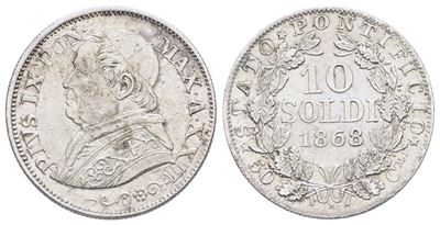 Stato Pontificio. Roma. Pio IX (1846-1870). 10 Soldi 1868 Anno XXII. R Piccola. Ag; 2,50gr; Gig.m...