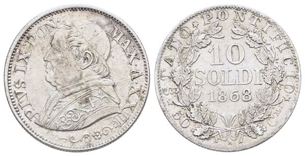 STATO PONTIFICIO. ROMA. Pio IX (1846-1870). 10 soldi 1868 anno XXII. R piccola. Ag; 2,50gr; Gig.manca; SPL