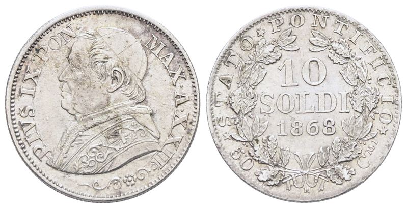 Stato Pontificio. Roma. Pio IX (1846-1870). 10 Soldi 1868 Anno XXII. R Piccola. Ag; 2,50gr; Gig.m...
