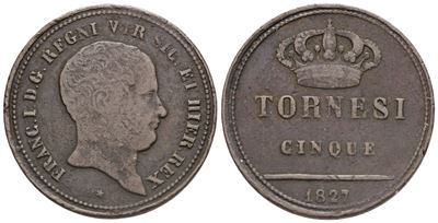 Napoli. Regno delle Due Sicilie. Francesco i di Borbone (1825-1830). 5 Tornesi 1827. Cu. Gig.16. ...