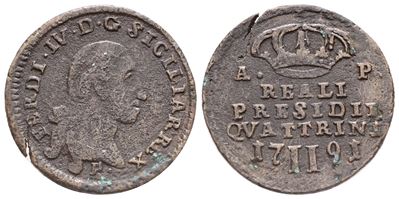 Napoli. Reali Presidi. Ferdinando IV di Borbone (1759-1816). 2 Quattrini 1791. Cu. Gig.5. Rr. Qbb
