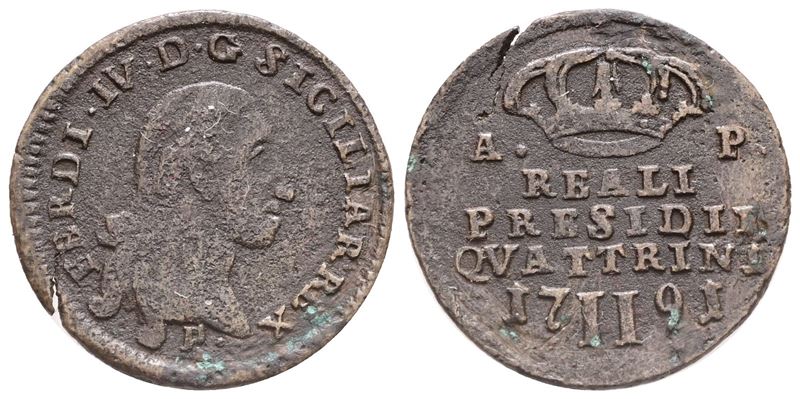 Napoli. Reali Presidi. Ferdinando IV di Borbone (1759-1816). 2 Quattrini 1791. Cu. Gig.5. Rr. Qbb