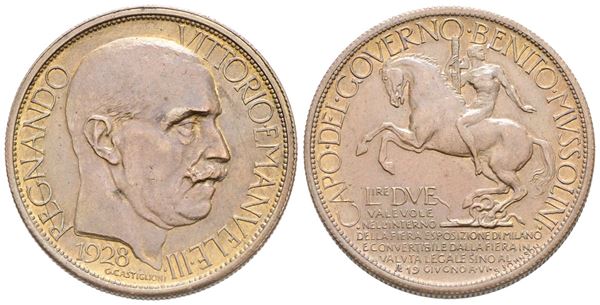 REGNO D'ITALIA. Vittorio Emanuele III (1900-1943). Buono da 2 lire 1928 Esposizione di Milano. Ae dorato.; Gig.1 pagina 175; BB+