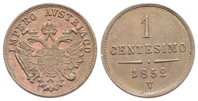 Venezia. Regno Lombardo Veneto. Francesco Giuseppe (1848-1866). 1 Centesimo 1852. Cu; 1,39gr; Fdc