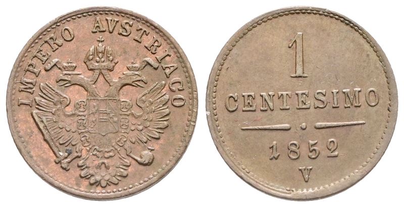 Venezia. Regno Lombardo Veneto. Francesco Giuseppe (1848-1866). 1 Centesimo 1852. Cu; 1,39gr; Fdc