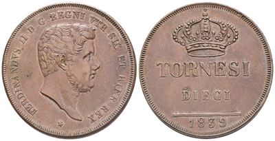 Napoli. Regno delle Due Sicilie. Ferdinando II di Borbone (1830-1859). 10 Tornesi 1839. Cu; Gig. ...