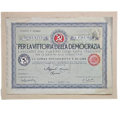Scripofilia. Pci 1946. Prestito a Premi per la Vittoria della Democrazia. Incollato su Cartoncino...
