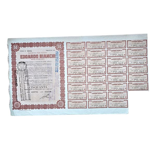 SCRIPOFILIA. Edoardo Bianchi - Milano. 1959. Prestito 50 obbligazionario 7 %. Con certificato Artè - scripofilia.it