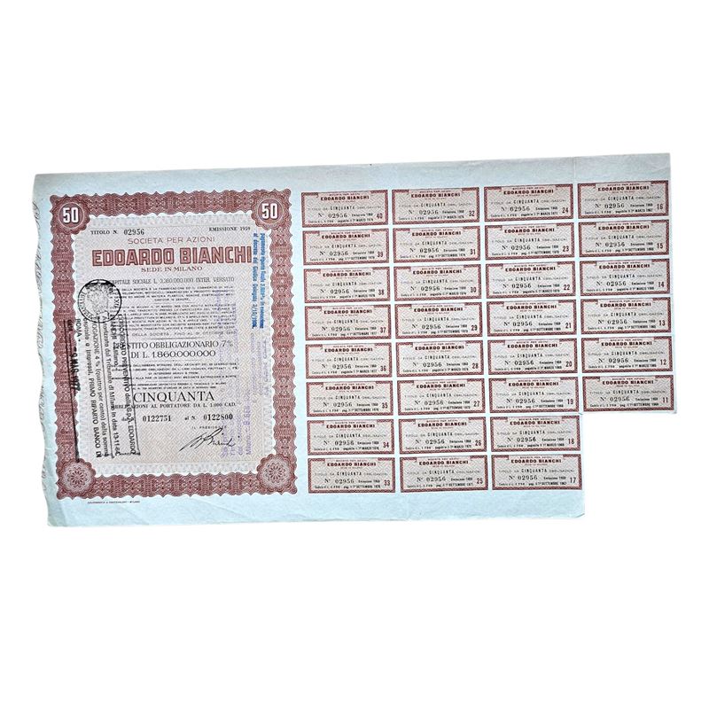 Scripofilia. Edoardo Bianchi - Milano. 1959. Prestito 50 Obbligazionario 7 %. con Certificato Art...