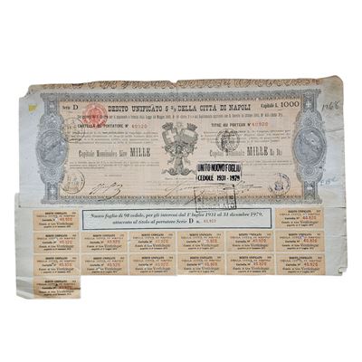 Scripofilia. Napoli. Prestito Unificato 5 % della Città di Napoli 1931-1979.