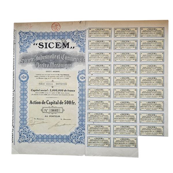 SCRIPOFILIA. Belgio. Sicem elettromeccanica 1925. Obbligazioni n.5642. 