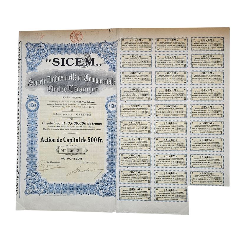Scripofilia. Belgio. Sicem Elettromeccanica 1925. Obbligazioni N.5642.