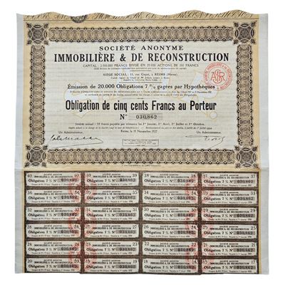 Scripofilia. Francia. Societè Anonyme Immobiliere & De Reconstruction - Reims 1927. Obbligazioni ...