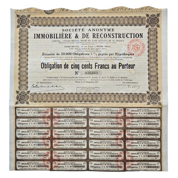 SCRIPOFILIA. Francia. Societè Anonyme Immobiliere & de Reconstruction - Reims 1927. Obbligazioni n.030862