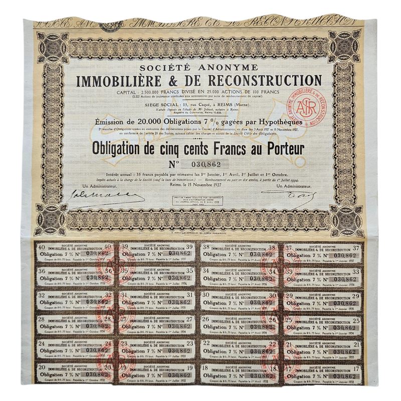 Scripofilia. Francia. Societè Anonyme Immobiliere & De Reconstruction - Reims 1927. Obbligazioni ...