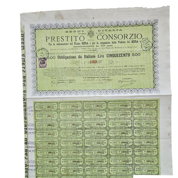 SCRIPOFILIA. Sondrio. Prestito Consorzio fiume Mera 1879. Prestito obbligazionario n.153.