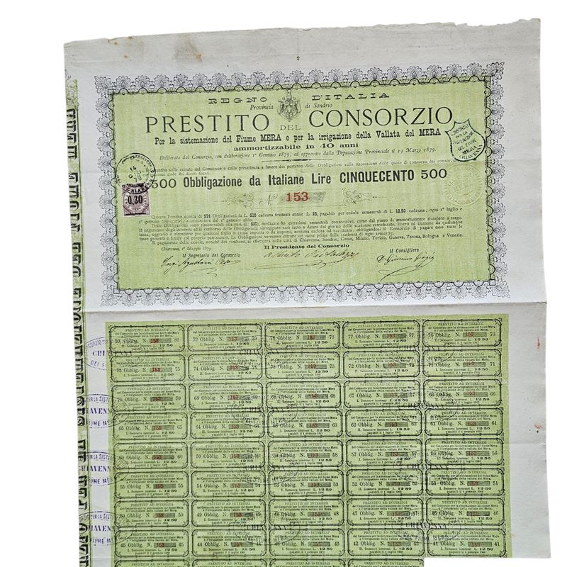 Scripofilia. Sondrio. Prestito Consorzio Fiume Mera 1879. Prestito Obbligazionario N.153.