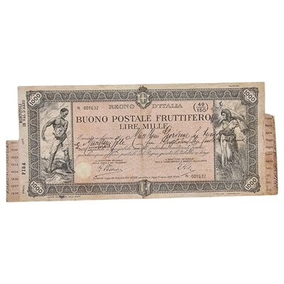 Scripofilia. Regno D'italia. Buono Postale Fruttifero Lire 1000 1931. Piccolo Strappetto nella Pa...