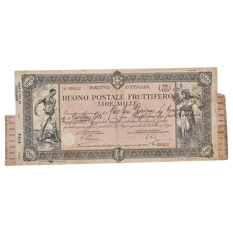 Scripofilia. Regno D'italia. Buono Postale Fruttifero Lire 1000 1931. Piccolo Strappetto nella Pa...