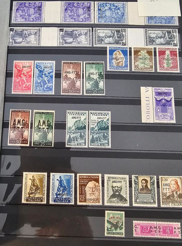 FILATELIA - Regno d'Italia - Repubblica Italiana - Trieste. Lotto di numerosi francobolli sovrastampati in 6 pagine. In album cartonato.