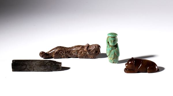 Lot of four jadeite and amazonite figures. China, 20th century.