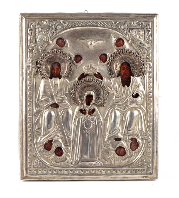 Russian Icon depicting the Coronation of the Virgin with riza