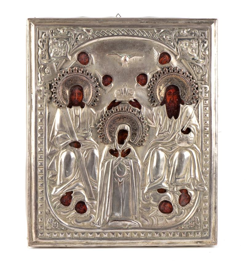 Icona russa, Incoronazione della Vergine, tempera su tavola con riza in argento (XIX secolo)