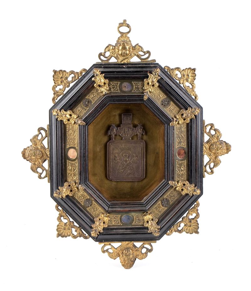 Icona con cornice, Fusione in bronzo raffigurante San Nicola di Mira, XIX secolo