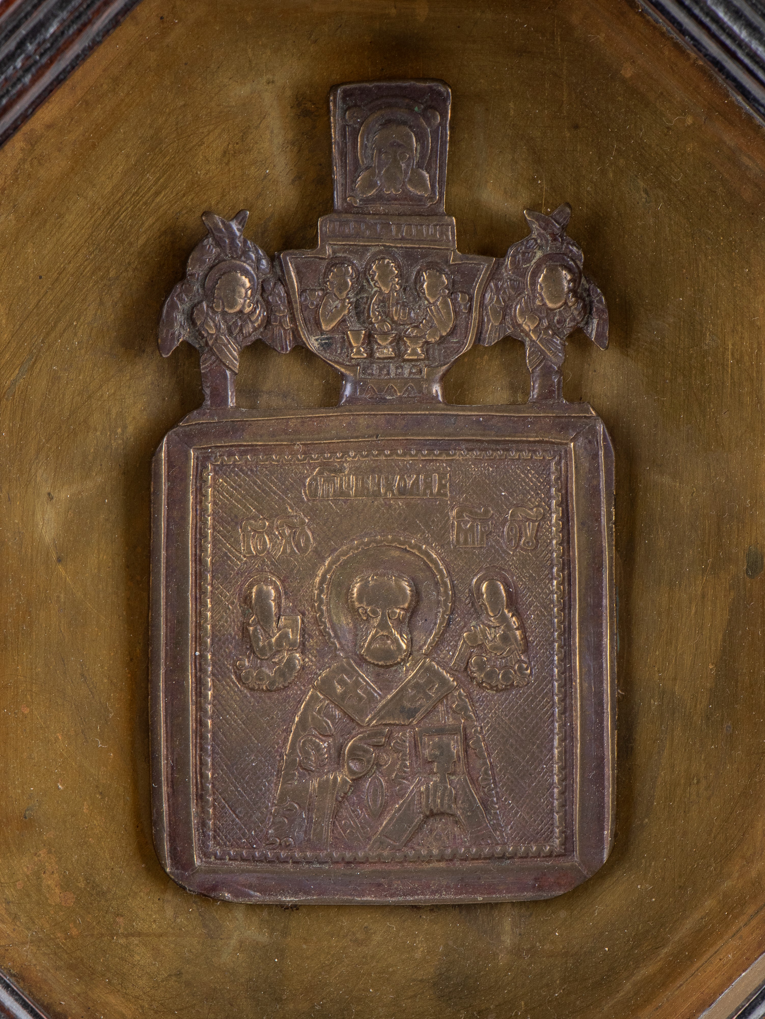 Icona con cornice, Fusione in bronzo raffigurante San Nicola di Mira, XIX secolo