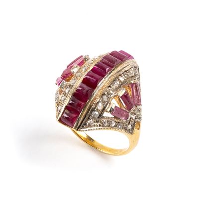 Anello geometrico in argento 925 con rubini e diamanti