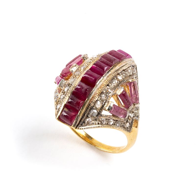 Anello geometrico in argento 925 con rubini e diamanti