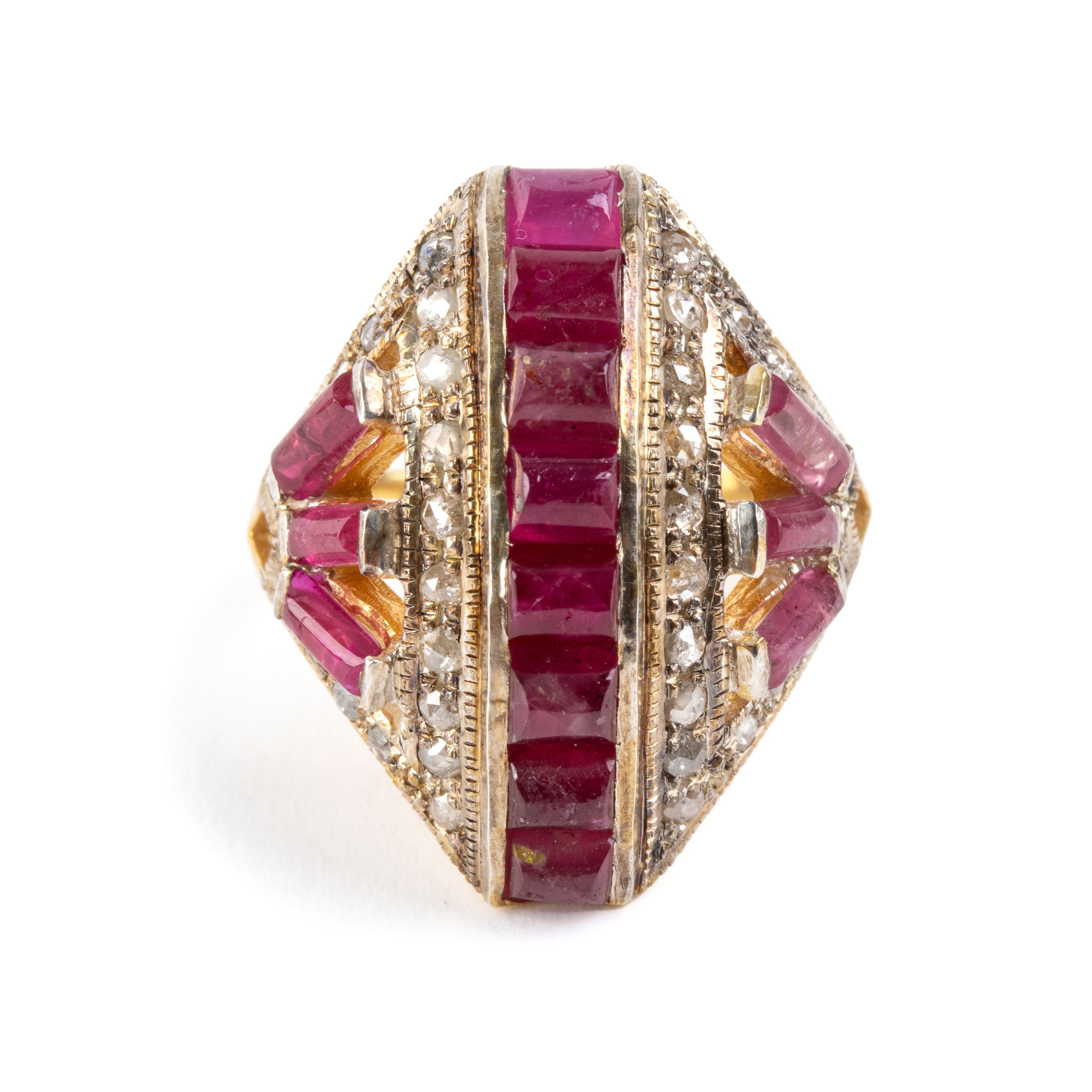 Anello geometrico in argento 925 con rubini e diamanti