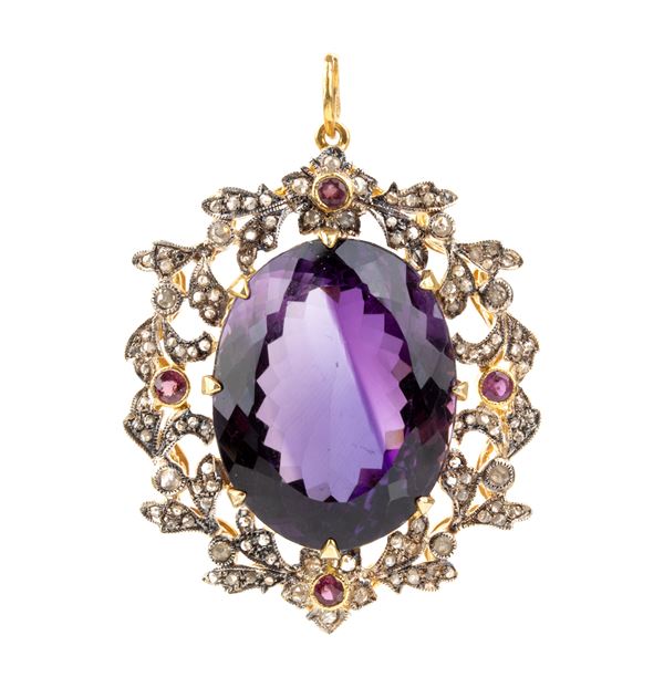 Amethyst diamond ruby gold and silver pendant
