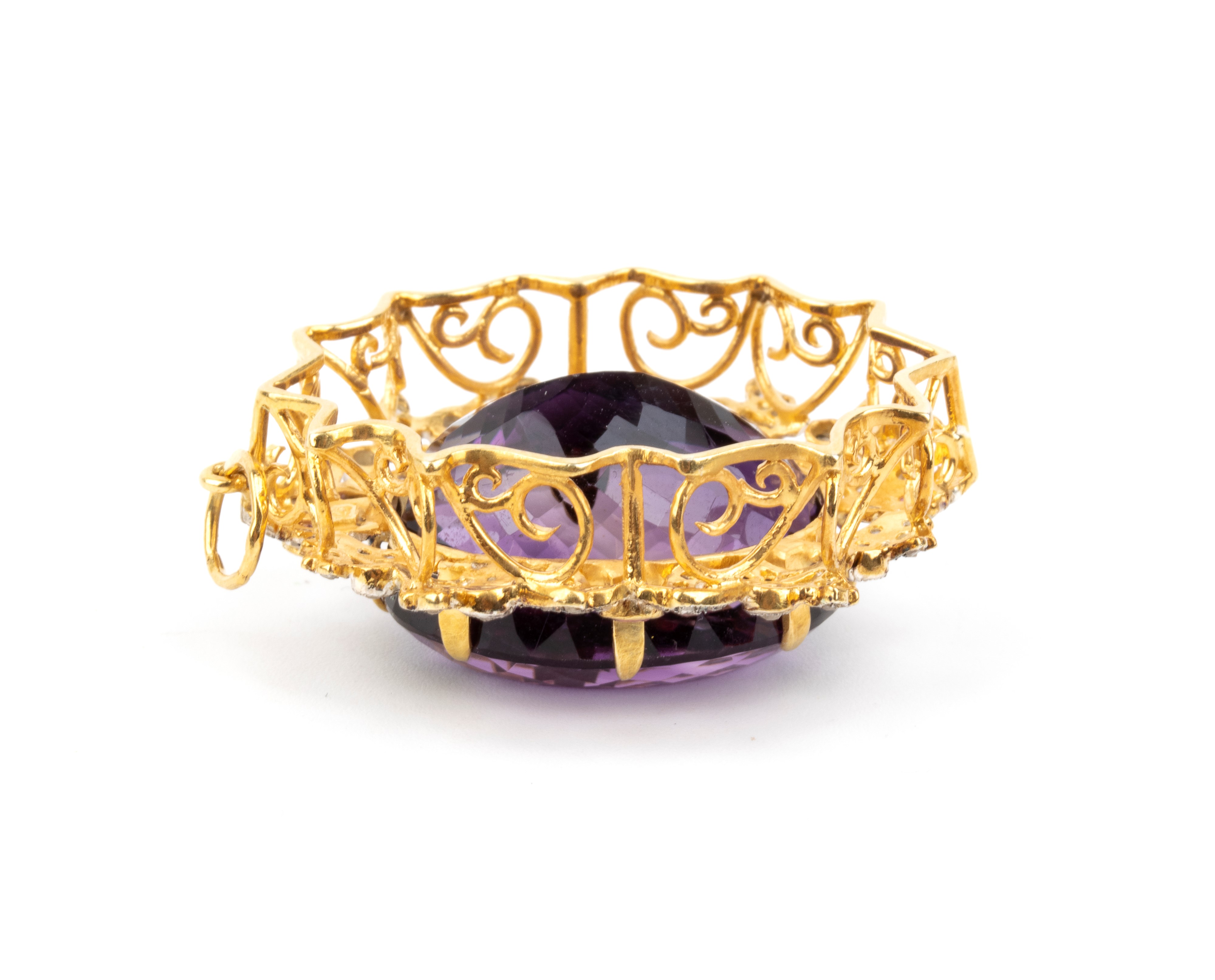 Pendente in oro giallo 14k e argento, ametista, rubini e diamanti