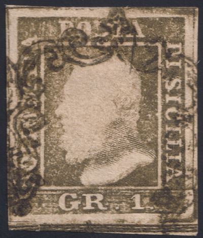 Alberto Diena, Sicilia, 1gr. bruno olivastro (1859) – n. 3d, II tav. RITOCCO 98