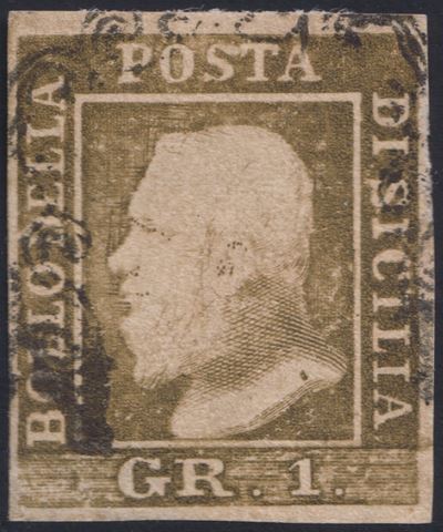 Francobollo, Sicilia 1 gr. bruno olivastro (III tav., II stato), RITOCCO 78