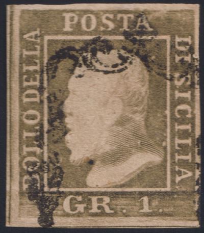 Raccolta Sicilia, 1 gr., bruno olivastro, I tavola, II stato (ritocco) n. 3d — RITOCCO 67