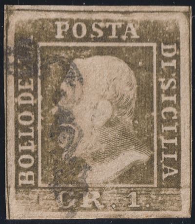 Emilio Diena, Sicilia—1 grano (bruno olivastro), n. 3d, 1ª tavola, II stato, ritocco 57
