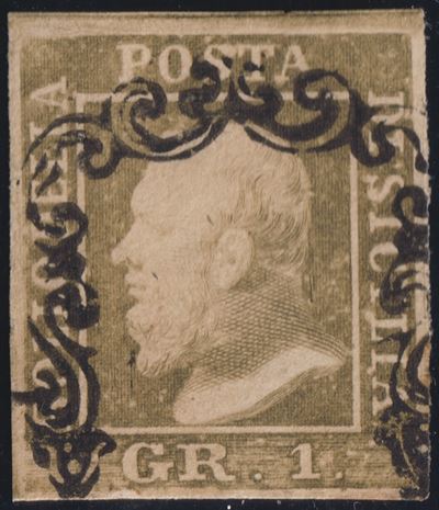 Emilio Diena, Sicilia — francobollo 1 gr bruno olivastro, n. 3d, II tavola, I stato, ritocco 48