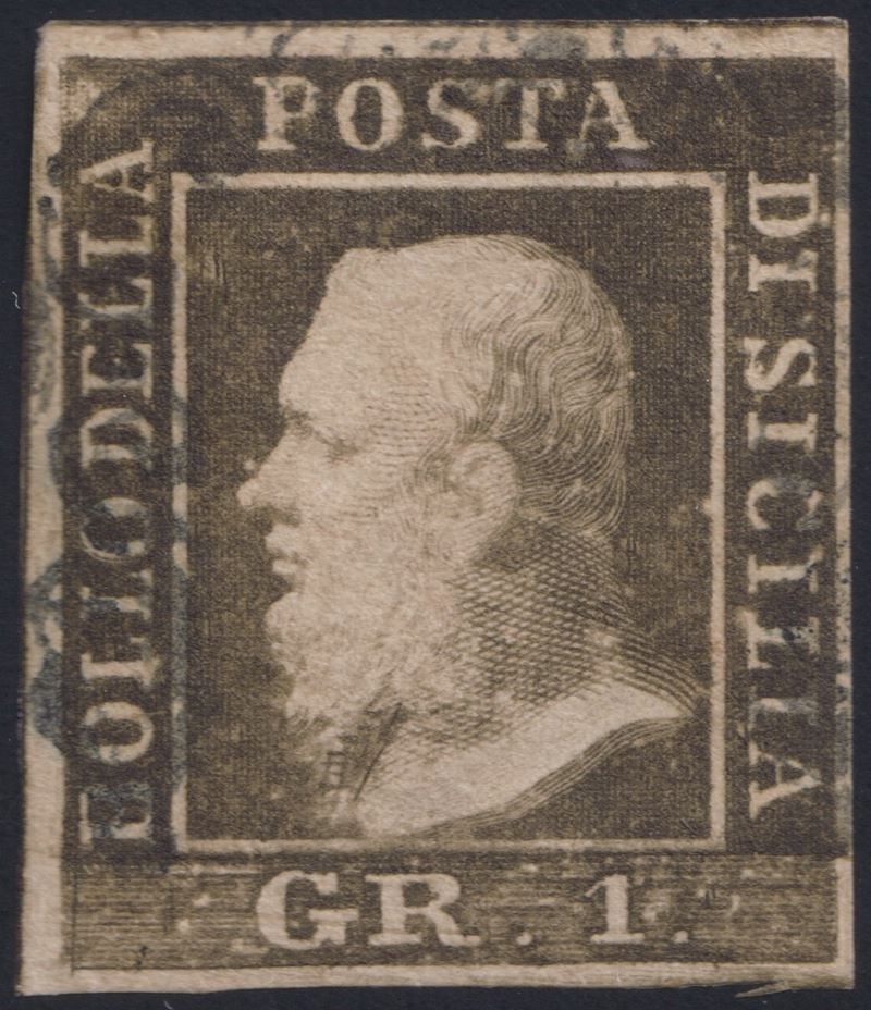 Alberto Diena, Sicilia, 1gr bruno olivastro (ritocco n. 5) “tratti dal busto alla gola”, I tavola...