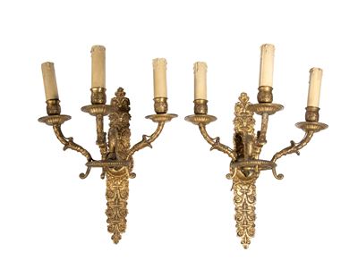 Coppia di applique, bronzo a tre bracci con colli di cigno, XIX secolo