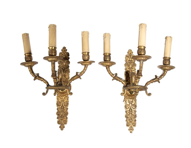 Coppia di applique, bronzo a tre bracci con colli di cigno, XIX secolo