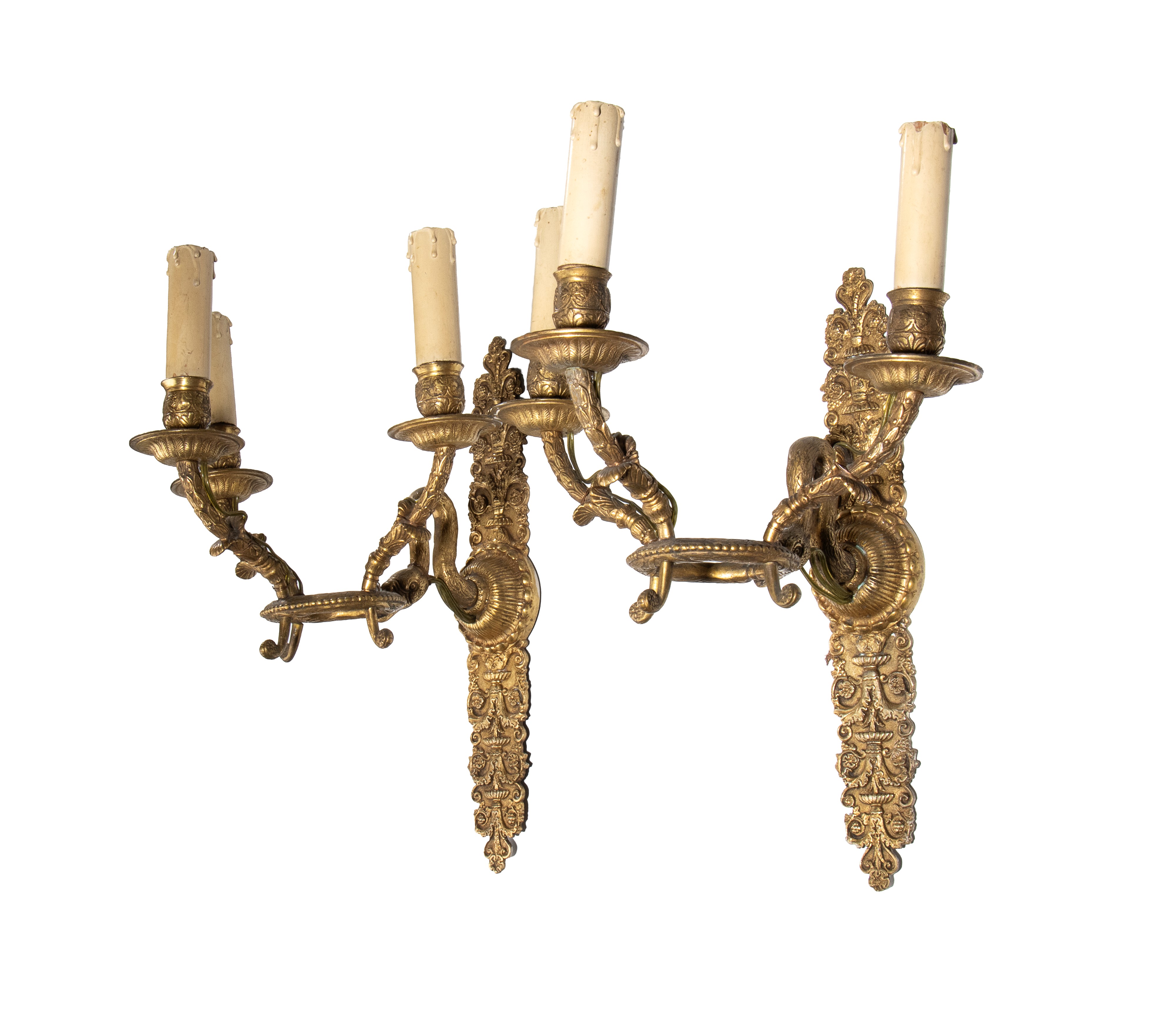Coppia di applique, bronzo a tre bracci con colli di cigno, XIX secolo